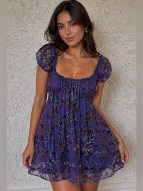 Free People Beautiful Blooms Velvet Floral Babydoll Mini Dress Purple